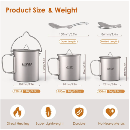 Титановая чашка 750мл,кружки 350мл и 450мл,спок 2 шт(набор) Титановая чашка 750мл,кружки 350мл и 450мл,спок 2 шт(набор)